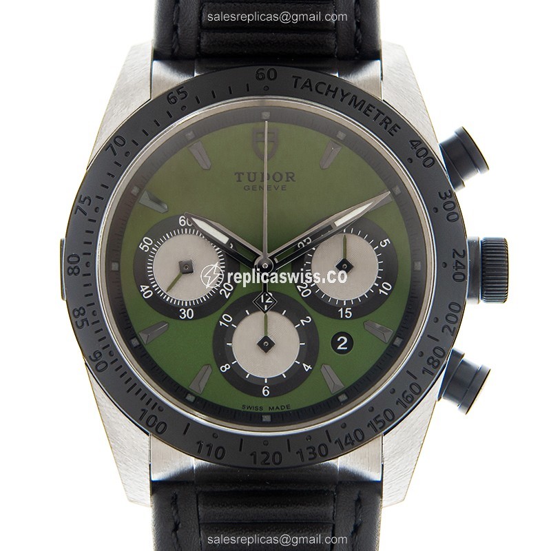 FastRider Chrono Replica - Tudor - Automatic - Steel Case - Green Dial - Black Leather Strap - View 2