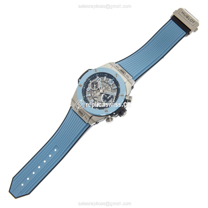 Hublot BIG BANG Replica - Automatic - Titanium Case - Transparent Dial - Blue Rubber Strap - View 2