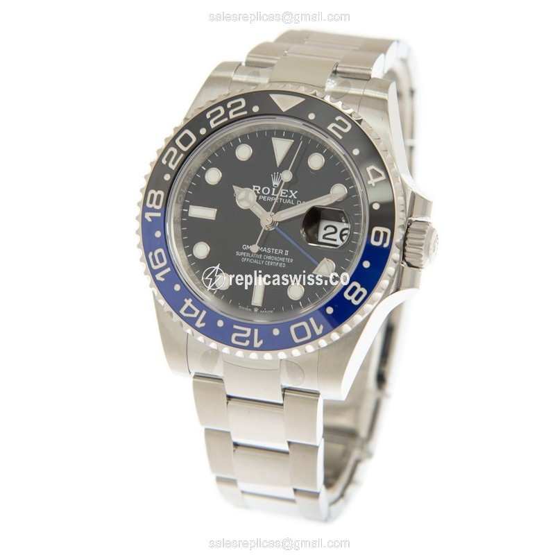 Rolex GMT-MASTER II Replica - Automatic - Black Dial on Silver Strap - View 3