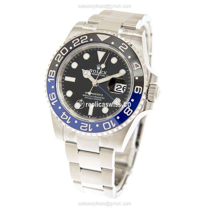 Rolex GMT-MASTER II Replica - Automatic - Black Dial on Silver Strap - View 4