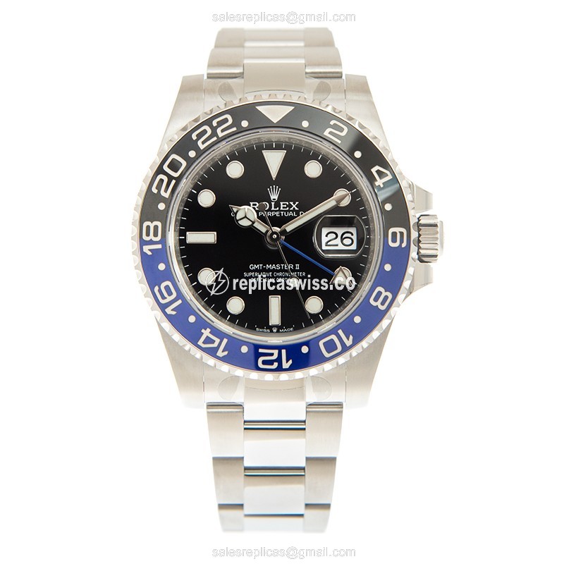 Rolex GMT-MASTER II Replica - Automatic - Black Dial on Silver Strap - View 2