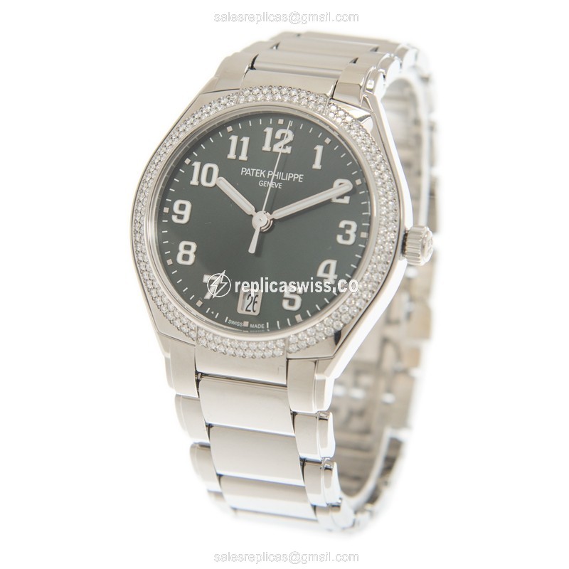 Patek Philippe TWENTY-4 Replica - Automatic - Green Dial - Diamonds - Silver Steel Strap - View 3
