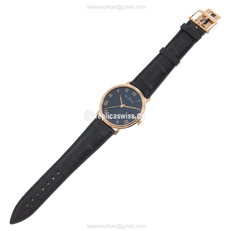 Blancpain Classic 6651-3640-55B - Manual Wind - 18kt Rose Gold Case - Blue Dial - Alligator Blue Strap - View 2