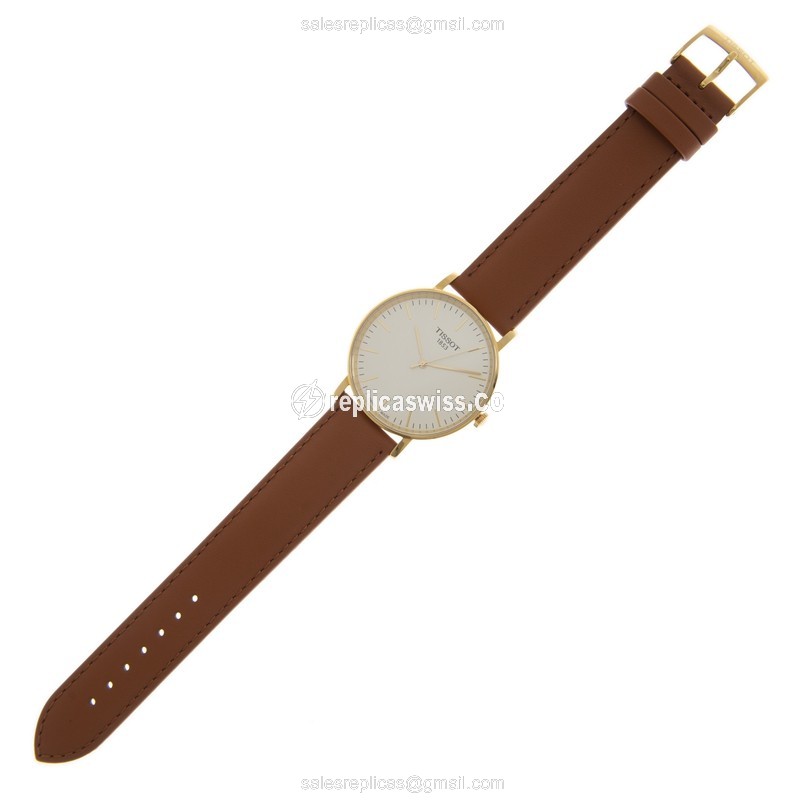 Tissot EVERYTIME Replica - Automatic - Steel Case - Silver Dial - Brown Leather Strap - View 2