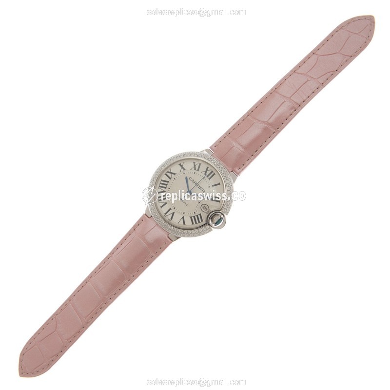 Cartier Ballon Bleu Replica - Automatic - 18kt White Gold - Diamond - White Dial - Pink Alligator Strap - View 2
