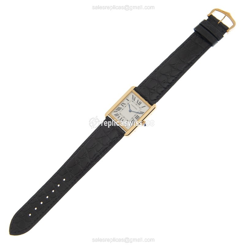 Cartier TANK Quartz 18kt Gold - White Dial - Alligator Black Strap - Buckle Clasp - View 2