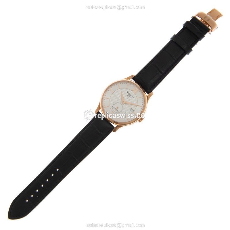Rolex T-TRADITION Replica - Automatic - Gold-Plated - Steel Case - Silver Dial - Black Leather Strap - View 2