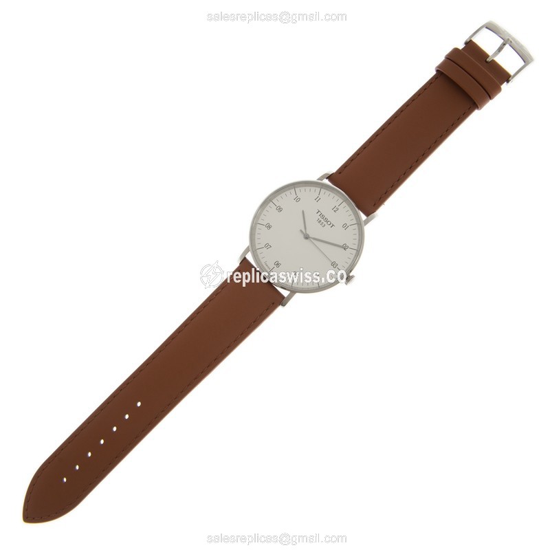 Tissot EVERYTIME Quartz Steel - Silver Dial - Brown Leather Strap - Buckle Clasp - View 2