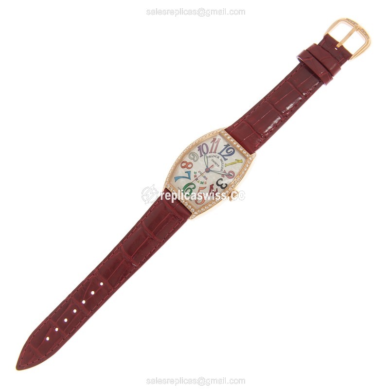 Franck Muller Cintree Curvex - Automatic - 18kt Rose Gold - Diamonds - Silver Dial - Red Leather Strap - Buckle Clasp - View 2