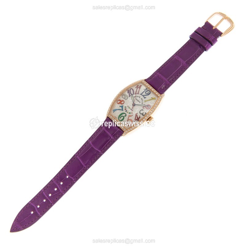Franck Muller 5851M Replica - Automatic - 18kt Rose Gold - Diamond Dial - Silver - Alligator Purple Buckle - View 2