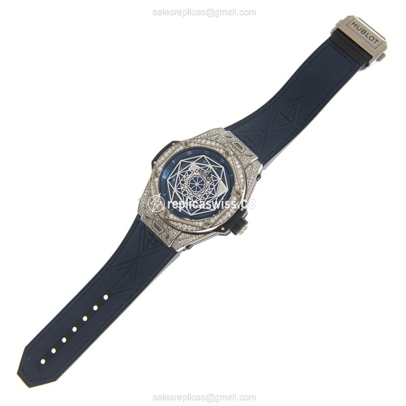 Hublot Big Bang Replica - Automatic - Titanium - Blue Dial - Diamond Case - Blue Cowhide Strap - View 2