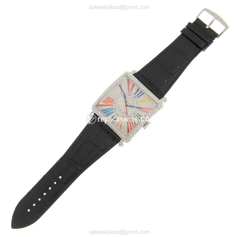 Franck Muller 6000 K SC DT D COL DRM Master Square - Auto - 18kt White Gold - Diamond - Silver Dial - Black Leather Strap - View 2