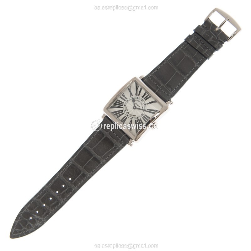 Franck Muller 6002 M QZ R OG-GREY Master Square Replica - Quartz - 18kt Gold Case - Silver Dial - Grey Alligator Strap - View 2