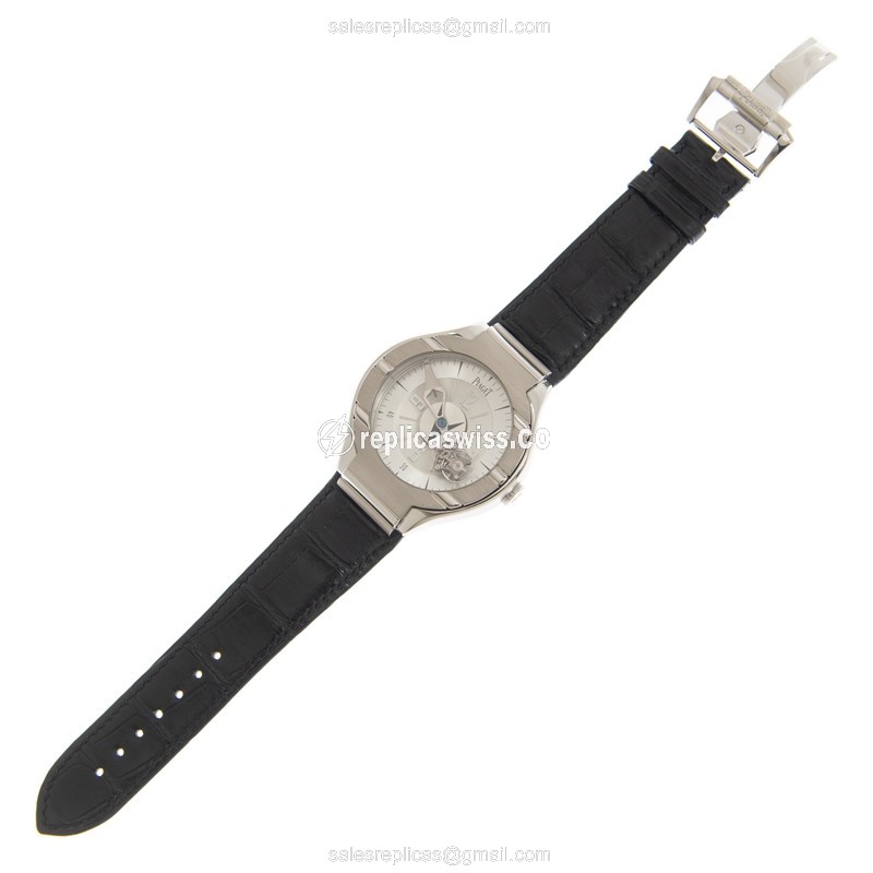 Piaget Polo Replica - Manual Wind - 18kt White Gold - Silver Dial - Black Alligator Strap - View 2