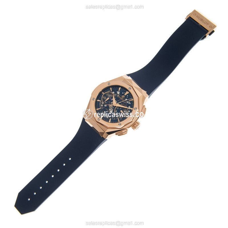 Hublot Classic Fusion Replica - Automatic - 18kt Rose Gold - Blue Dial - Rubber Strap - View 2