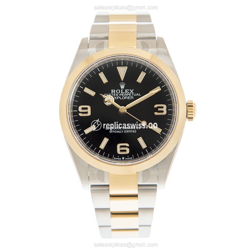 Rolex Explorer Replica - 18kt Gold & Steel - Automatic - Black Dial, Gold Strap - View 2