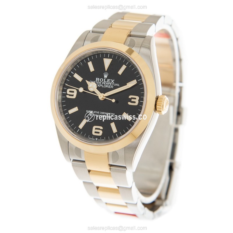 Rolex Explorer Replica - 18kt Gold & Steel - Automatic - Black Dial, Gold Strap - View 3