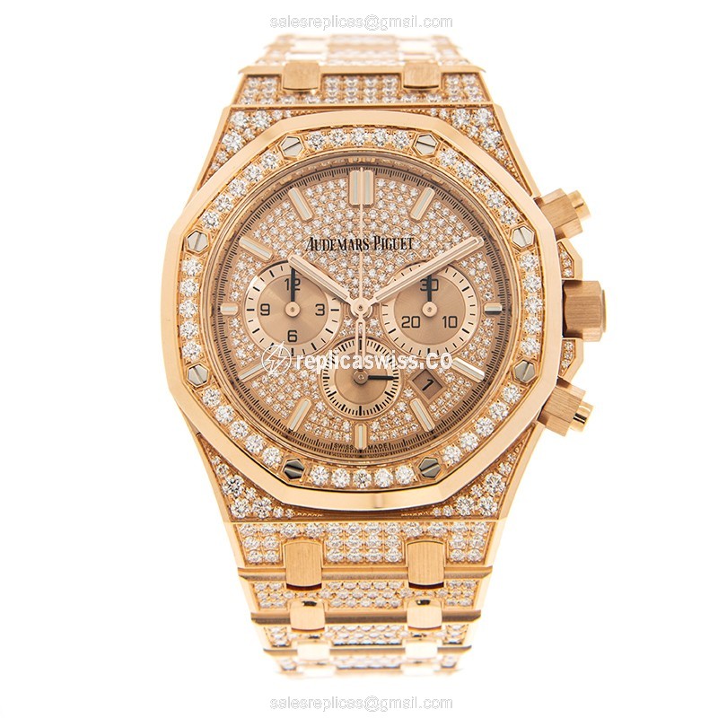 Audemars Piguet Royal Oak Replica - Automatic - 18kt Rose Gold Case - Diamonds - Gold Dial & Strap - View 2