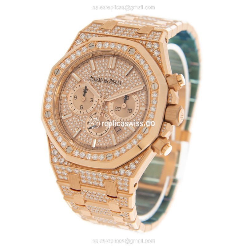 Audemars Piguet Royal Oak Replica - Automatic - 18kt Rose Gold Case - Diamonds - Gold Dial & Strap - View 3