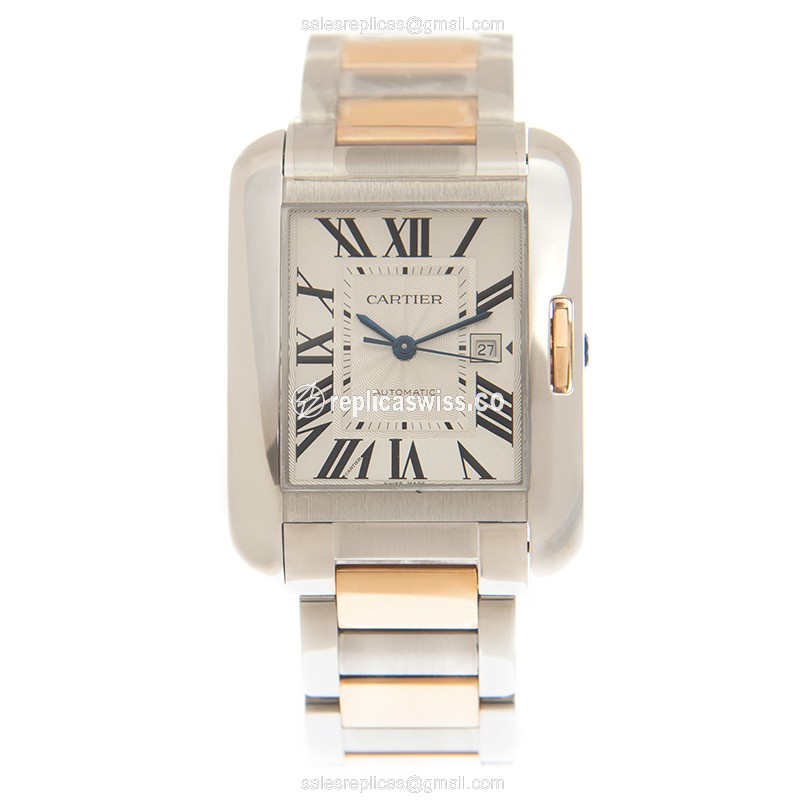 Cartier TANK Automatic - Stainless Steel - White Dial - Gold Clasp - 18kt Gold Strap - View 2
