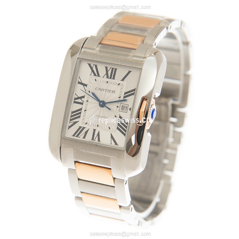Cartier TANK Automatic - Stainless Steel - White Dial - Gold Clasp - 18kt Gold Strap - View 3