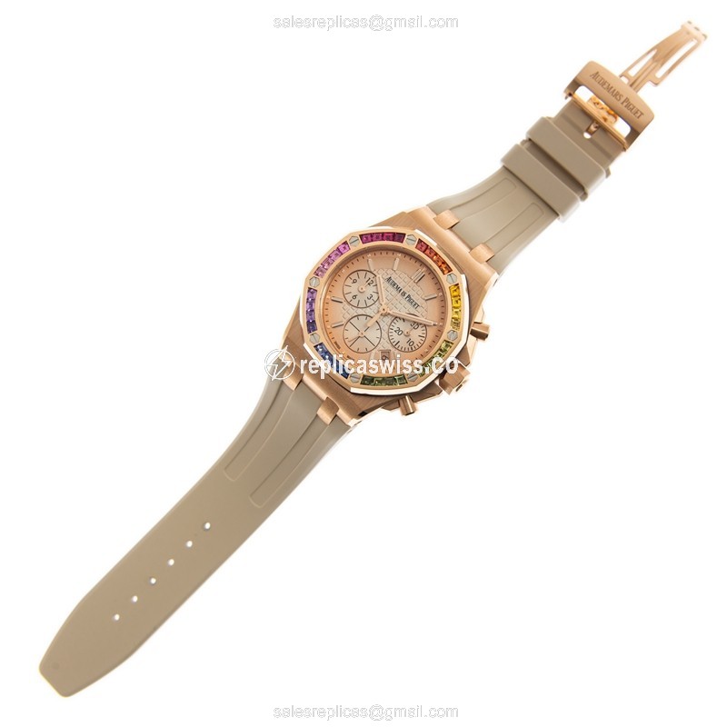Audemars Piguet Royal Oak Offshore Replica - Automatic - 18kt Rose Gold - Sapphire Gold Dial - Beige Rubber Strap - View 2