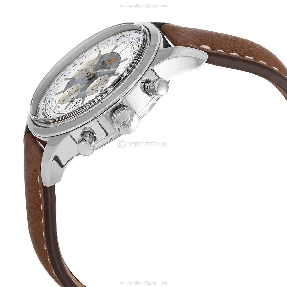 Breitling Transocean Chrono Replica - Automatic - Stainless Steel - White Dial - Brown Leather Strap - View 2