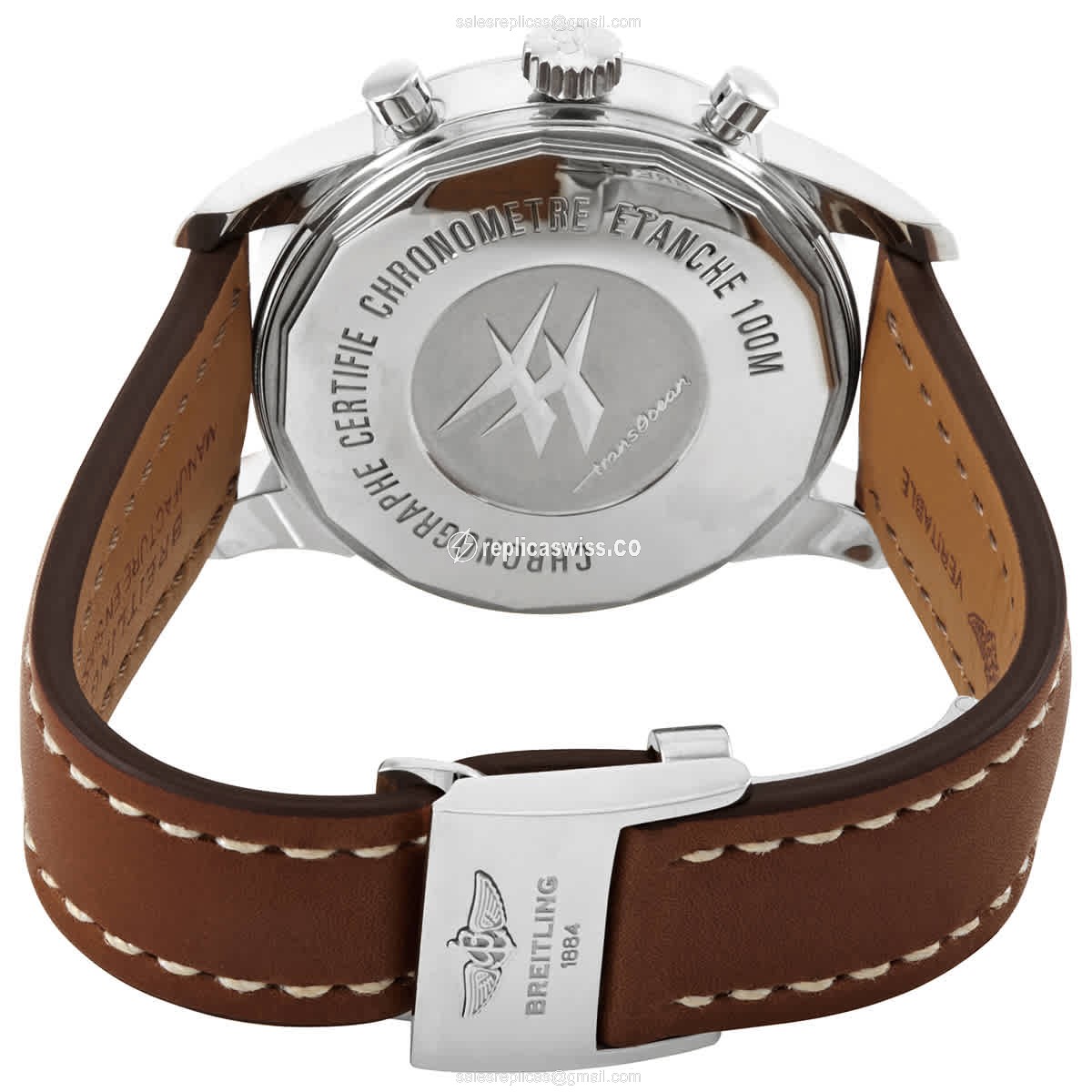 Breitling Transocean Chrono Replica - Automatic - Stainless Steel - White Dial - Brown Leather Strap - View 3