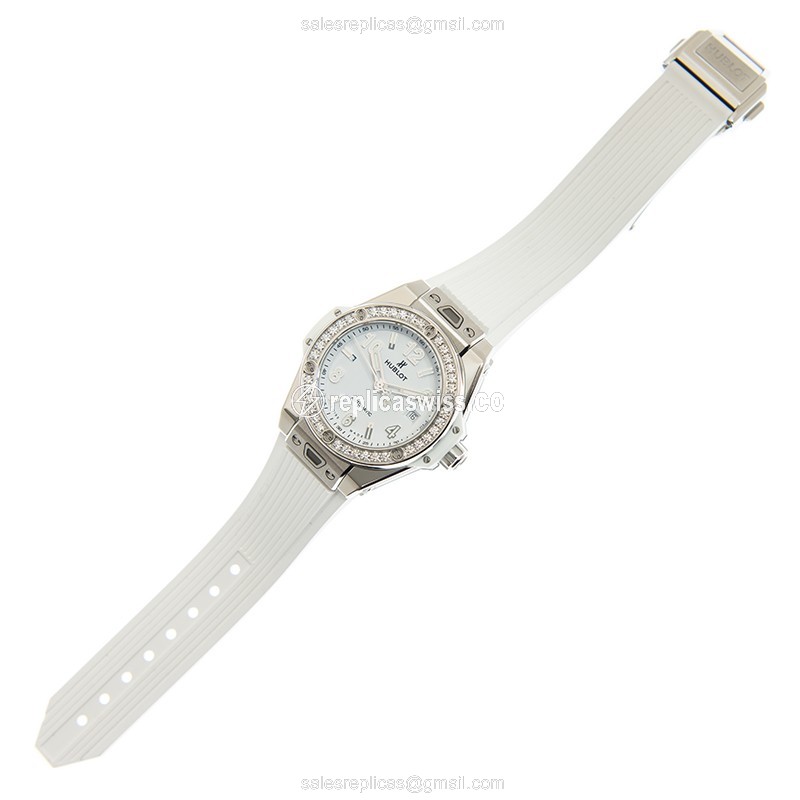 Hublot BIG BANG Replica - Automatic - Stainless Steel - White Dial - Diamond Case - Rubber Strap - View 2