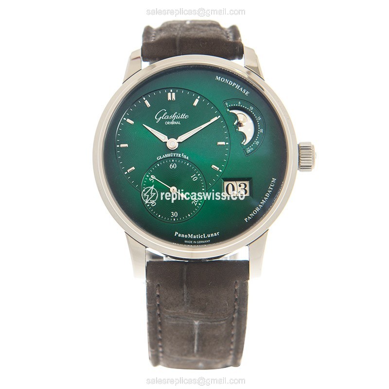 Glashutte PANO Automatic - Stainless Steel - Green Dial - Brown Alligator Strap - View 2