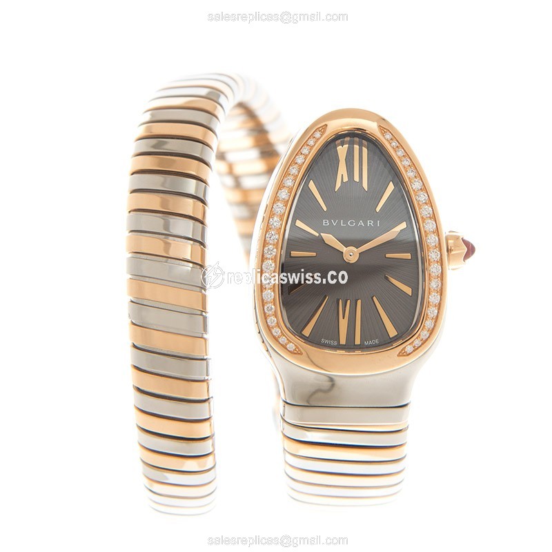 Bulgari Serpenti Tubogas Replica - Quartz - 18kt Rose Case - Gray Dial - Gold Bangle & Diamond - View 2