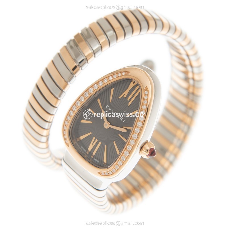 Bulgari Serpenti Tubogas Replica - Quartz - 18kt Rose Case - Gray Dial - Gold Bangle & Diamond - View 3
