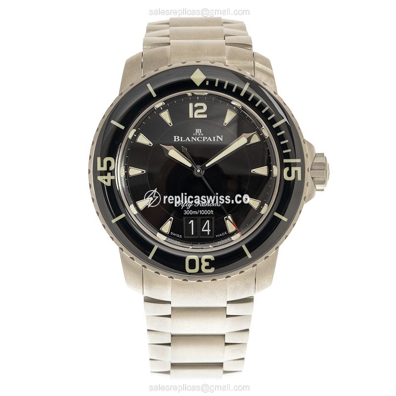 Blancpain 5050-12B30-98 FIFTY FATHOMS - Auto Titanium Case - Black Dial - Silver Strap - View 2