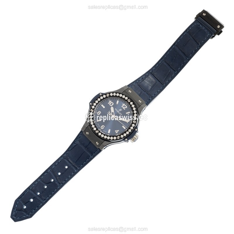 Hublot BIG BANG Replica - Quartz - Ceramic - Blue Dial - Diamond Bezel - Leather Strap - View 2