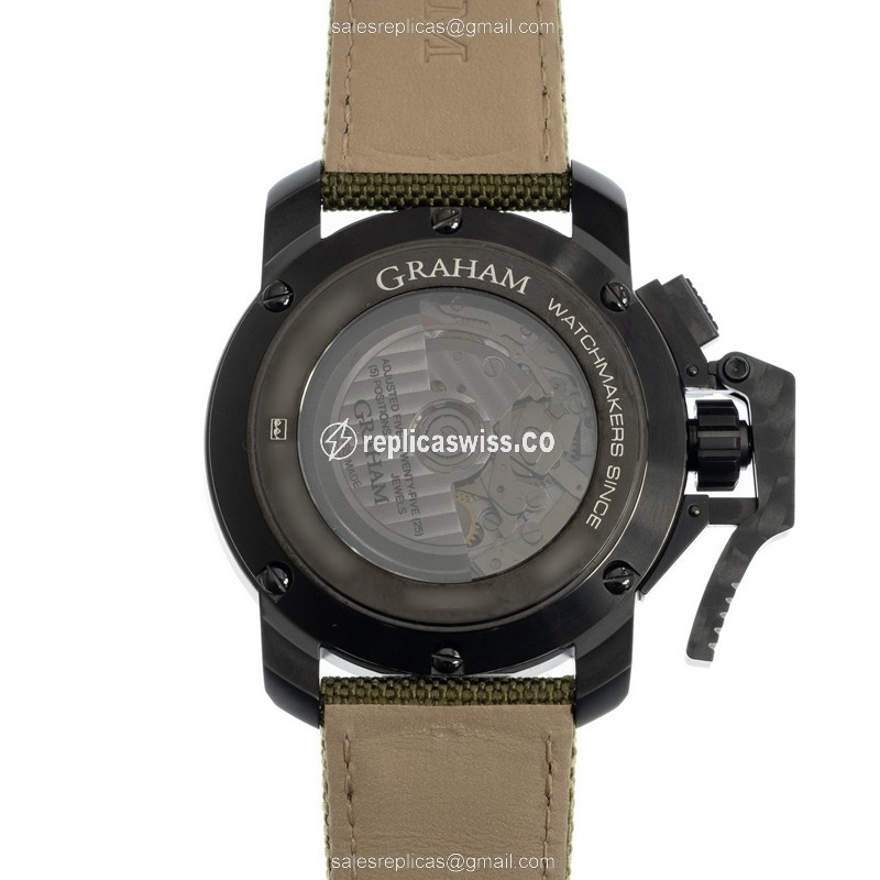 Graham Chronofighter Replica - Automatic - Carbon Fiber - Ceramic Case - Black Dial - Green Canvas Strap - View 3