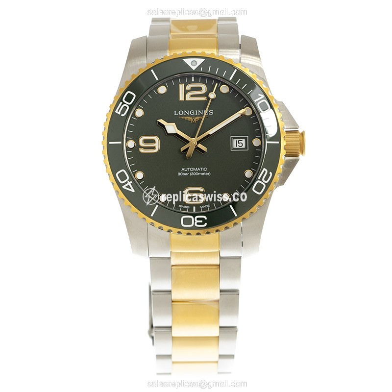 Longines Conquest Replica - Automatic - Ceramic - Green Dial, Gold Clasp & 18kt Steel Strap - View 2