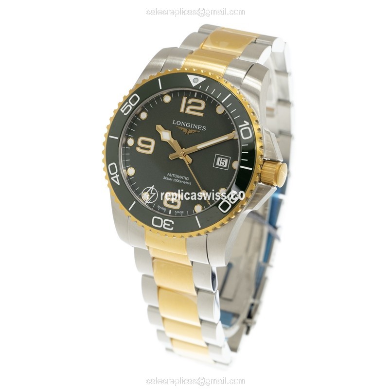 Longines Conquest Replica - Automatic - Ceramic - Green Dial, Gold Clasp & 18kt Steel Strap - View 3