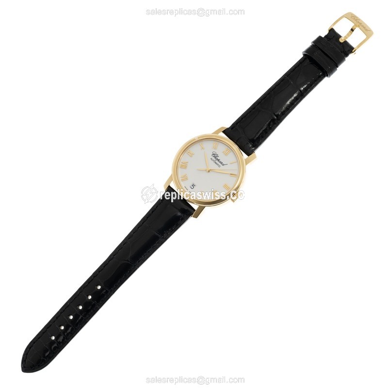 Chopard CLASSIQUE Replica - Auto - 18kt Yellow Gold - White Dial - Black Alligator Buckle - View 2