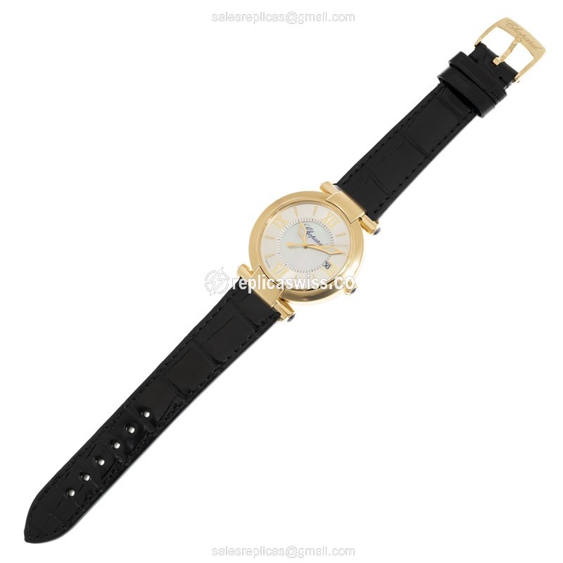 Chopard Imperiale Replica - Quartz - 18kt Yellow Gold - White Dial - Black Leather Strap - View 2