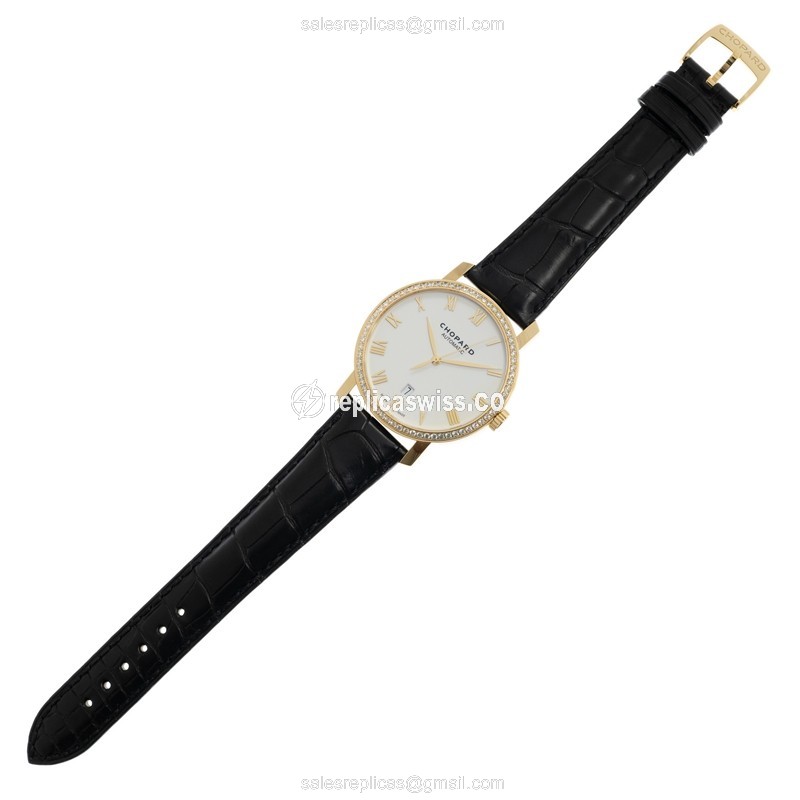 Chopard CLASSIQUE Replica - Automatic - 18kt Gold - Diamond - White Dial - Black Leather Strap - View 2