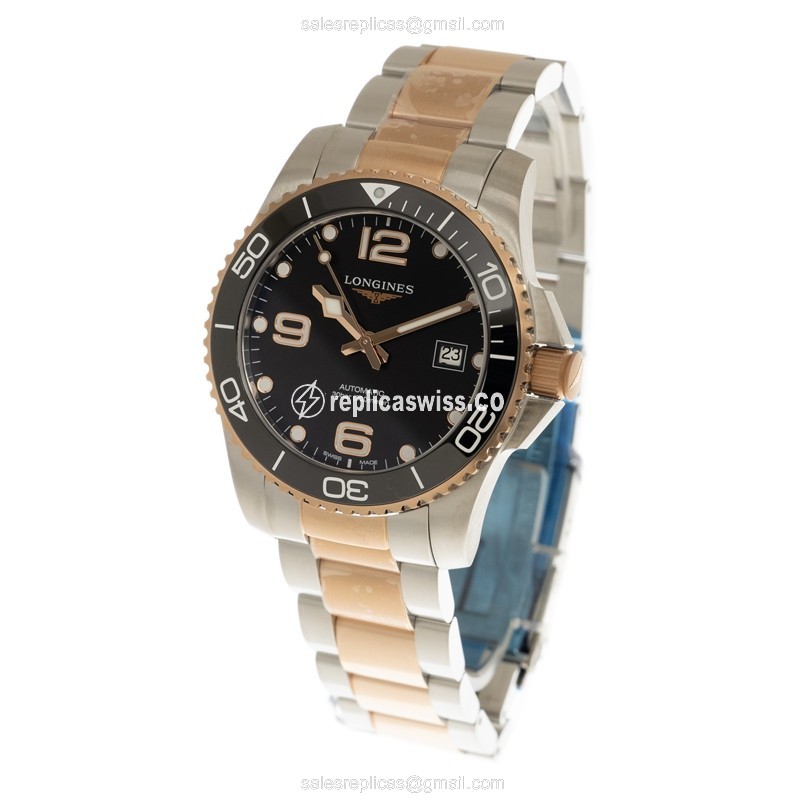 Longines CONQUEST Replica - 18kt Rose & Steel - Automatic - Black Dial - Gold Clasp - View 3