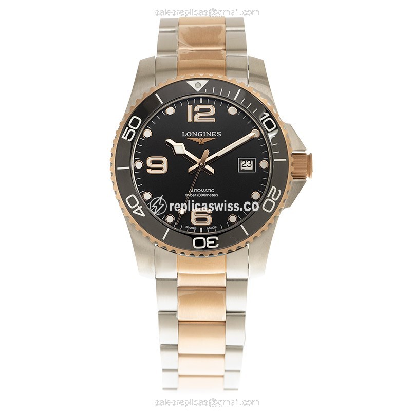 Longines CONQUEST Replica - 18kt Rose & Steel - Automatic - Black Dial - Gold Clasp - View 2