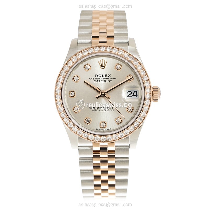 Rolex Datejust Replica - Automatic - 18kt Rose Magic - Diamond - Silver Dial - Gold Steel Strap - View 2