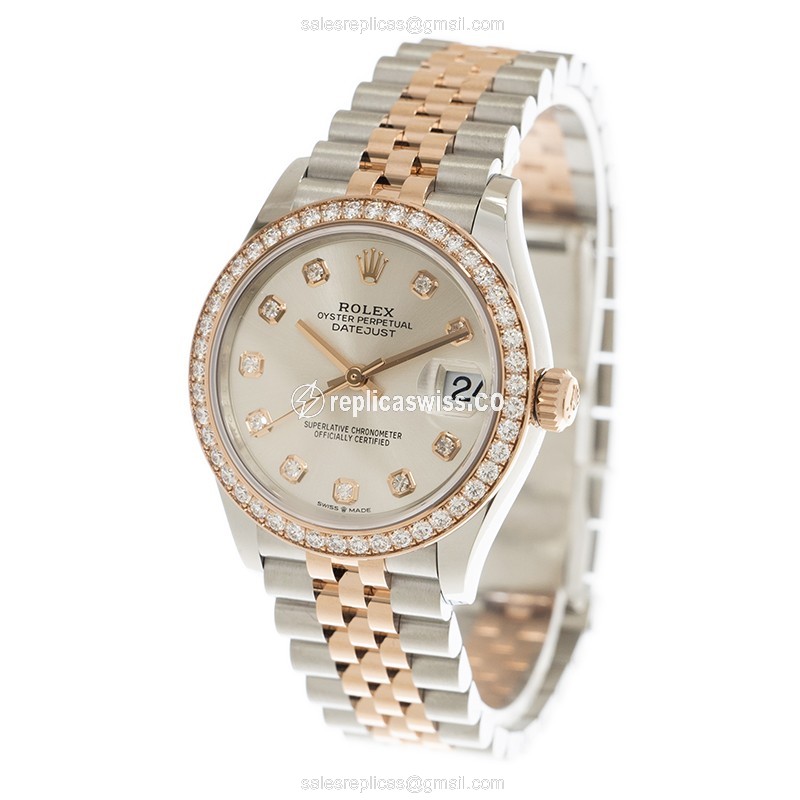 Rolex Datejust Replica - Automatic - 18kt Rose Magic - Diamond - Silver Dial - Gold Steel Strap - View 3