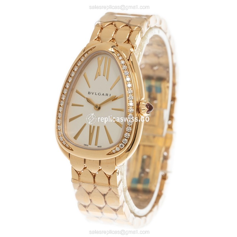Bulgari Serpenti Seduttori Replica - Quartz - 18kt Rose Gold - Diamond - White Dial - Gold Strap - View 3