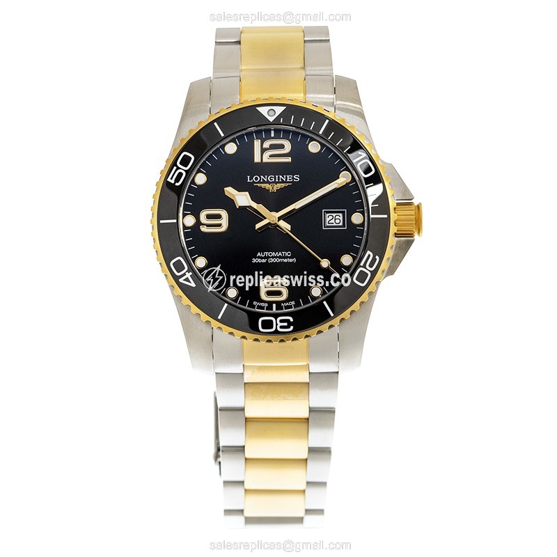 Longines CONQUEST Replica - Automatic - Ceramic - Black Dial on Gold Steel Strap - View 2