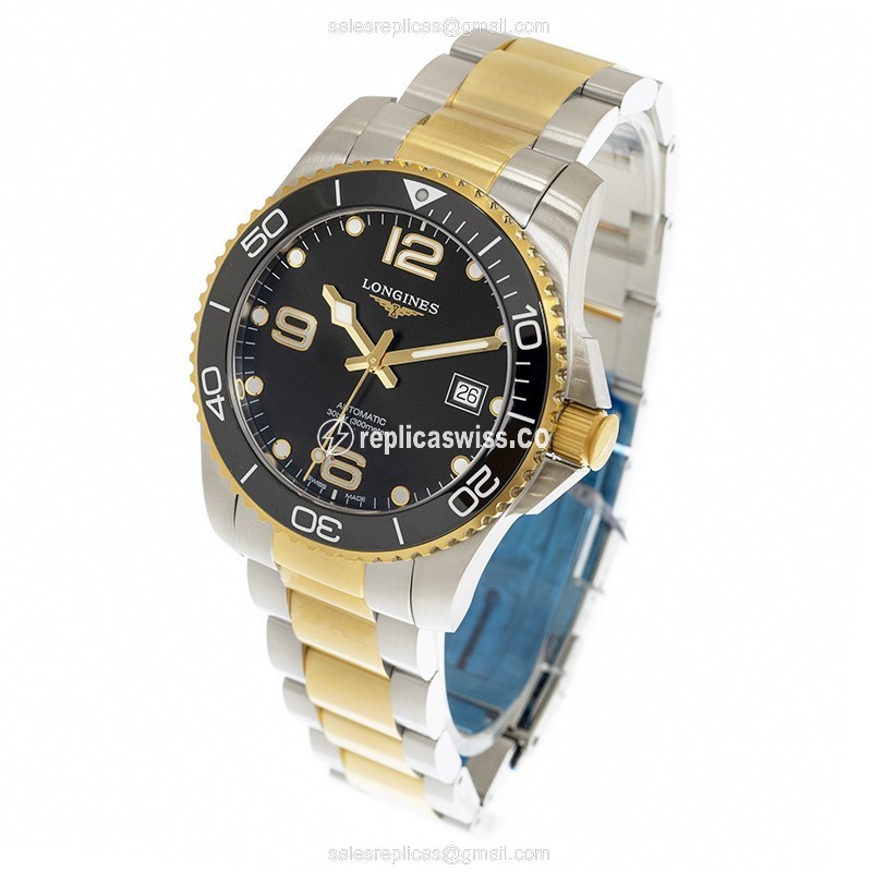 Longines CONQUEST Replica - Automatic - Ceramic - Black Dial on Gold Steel Strap - View 3