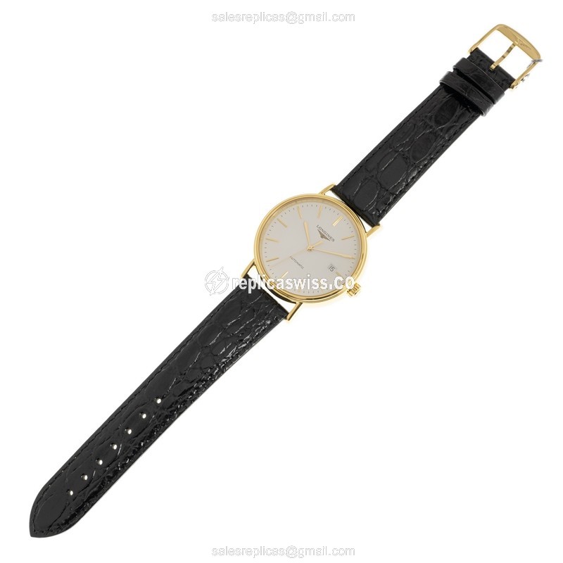 Longines Presence Replica - Automatic - Gold-Plated & Stainless - White Dial - Leather Black Strap - View 2