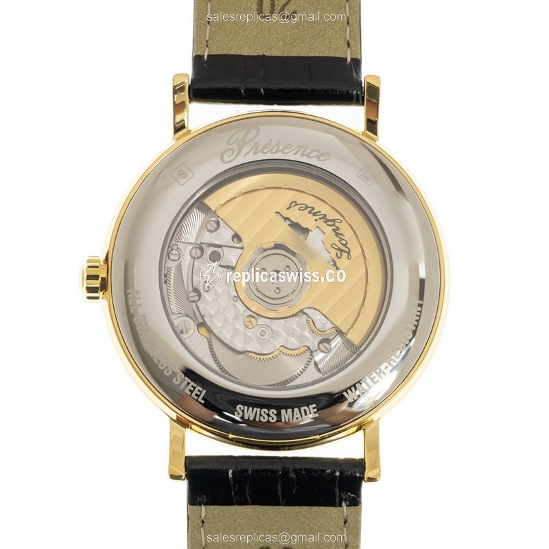 Longines Presence Replica - Automatic - Gold-Plated & Stainless - White Dial - Leather Black Strap - View 3