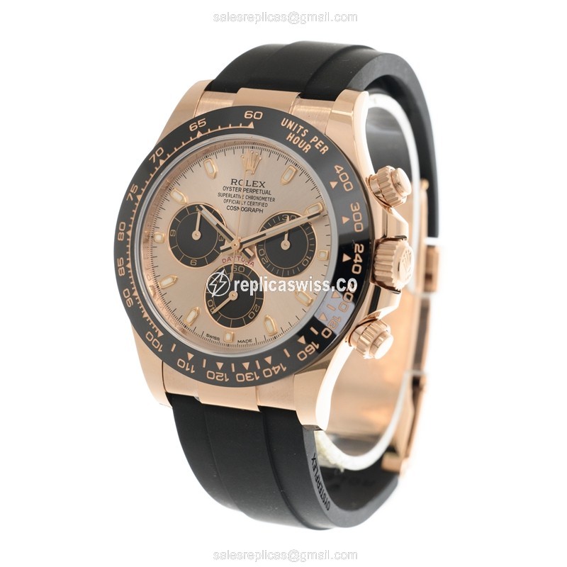 Rolex Daytona Replica - Automatic 18kt Rose Gold - Pink Dial - Rubber Black Strap - View 3